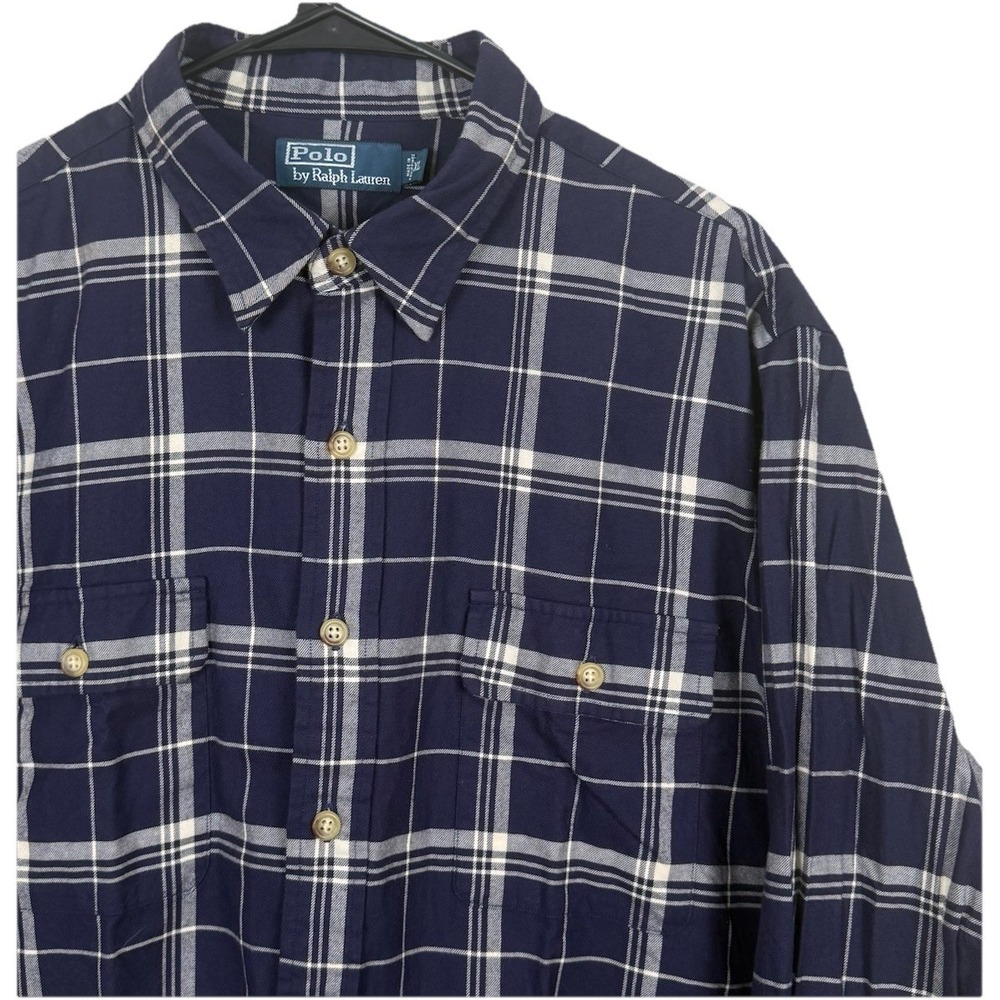 Polo Ralph Lauren Shirt‎ Mens XL Blue Plaid Workshirt Long Sleeve Pockets - Picture 2 of 5
